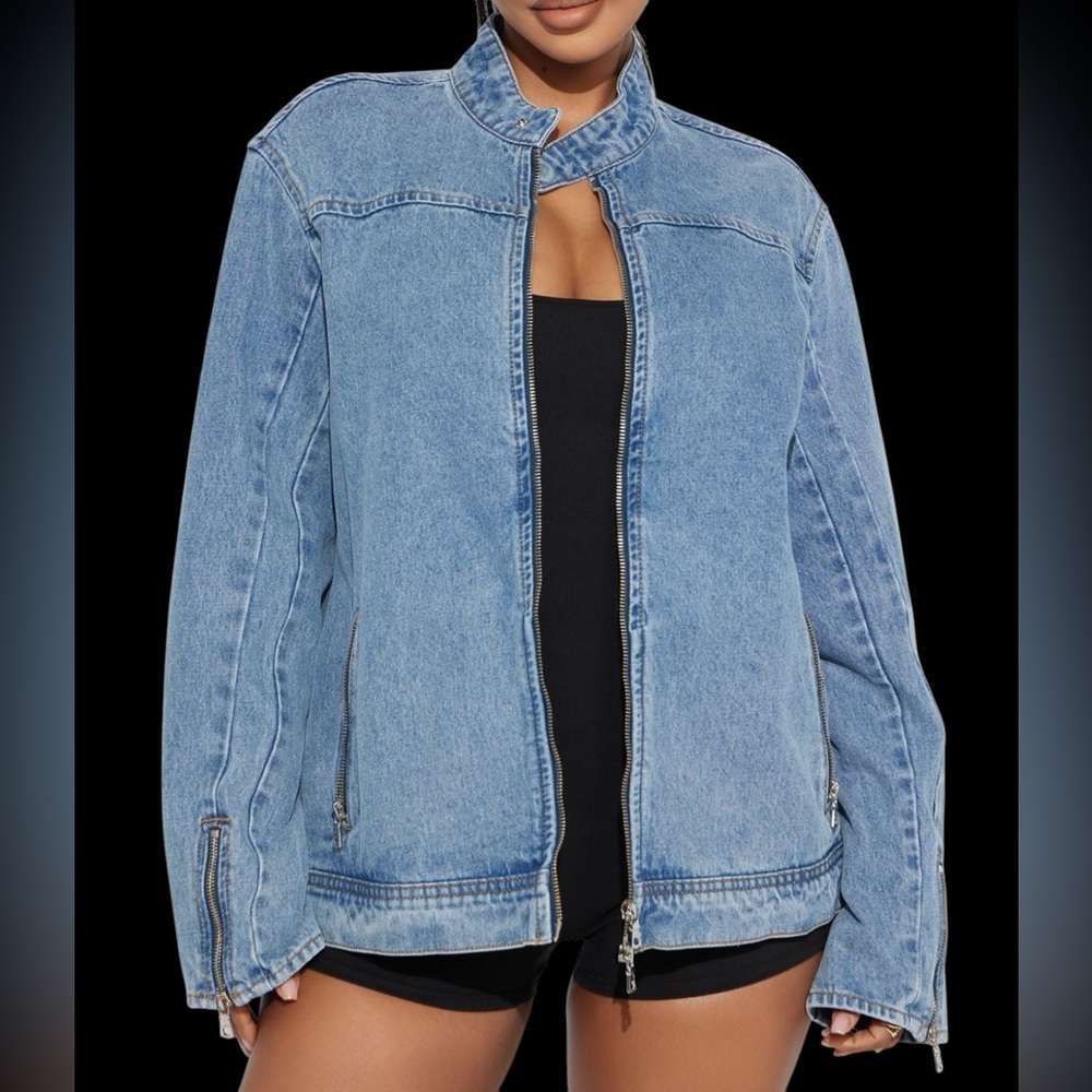 New w/ tags FASHION NOVA Blue Denim Long Sleeve GOT IT BAD Bomber Jacket Size M